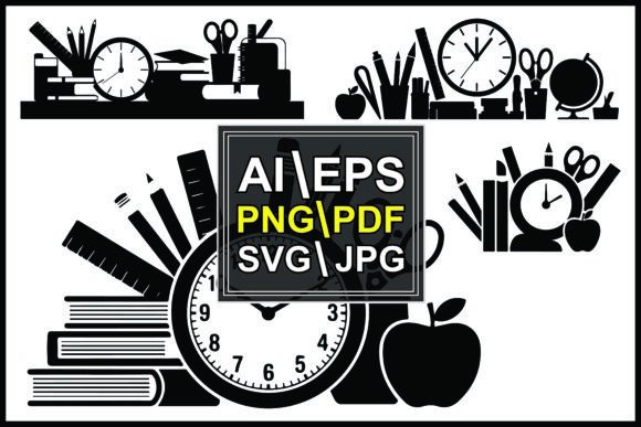 Black School Supplies with Clocks Books Graphics for Commercial Design