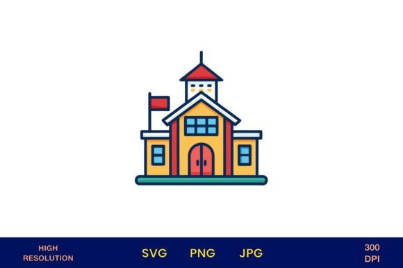Bright School House Icon in Flat Vector Review