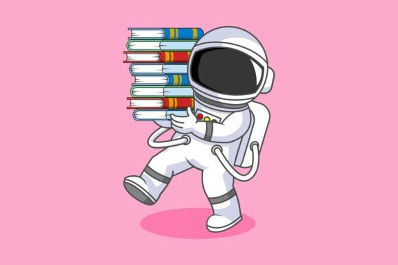 Cute Astronaut Bring Stack of Books – Playful Illustration for Digital Sellers