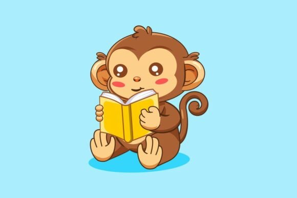 Cute Cartoon Monkey Reading a Book Graphics for Crafting & Illustrations