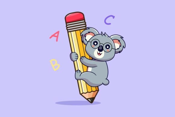 Cute Koala Hanging on Pencil Graphics & Illustrations for Crafting