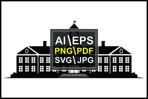 Silhouette School Building Clock Tower Graphics for Nostalgic Branding and Educational Illustrations