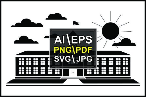 Silhouettes School Building Sun Clouds Graphics for Editorial & Web Design